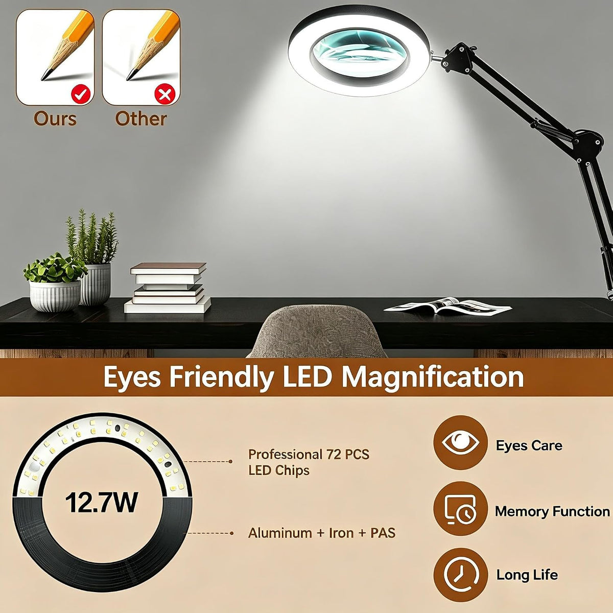 10X Magnifying Glass with Light and Clamp, Magnifier with Light Hands Free3 Color Modes Stepless Dimmable, 72 LEDs Real Glass Lens Magnifying Lamp for Close Work, Repair, Reading, Craft