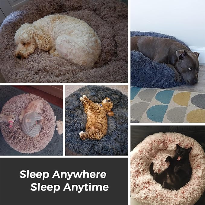 Calming Dog Bed & Cat Bed with Anti-Slip Bottom, Medium Size Washable Anti-Anxiety Donut Dog Beds for Small Dogs & Cats, Fluffy Plush Cozy Round Dog Bed(24 Inch, Rainbow)
