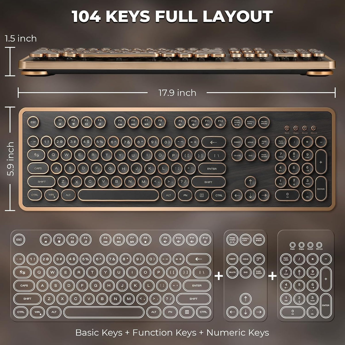 GLENCREAG RK104 Retro Mechanical Keyboard, Wired 104 Keys Typewriter Style with Wood Grain, QMK/VIA Programmable, Green Linear Switches, N-Key Rollover, for Mac & Windows