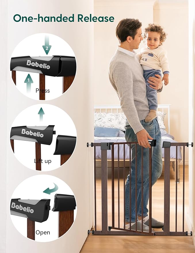 BABELIO Baby Gate with Black Wood Pattern, 29-48 Inch Auto Close Dog Gate PressGuard P7 for The House, Stairs and Doorways, Pressure Mounted Pet Gate with Door and Y Spindle Rods