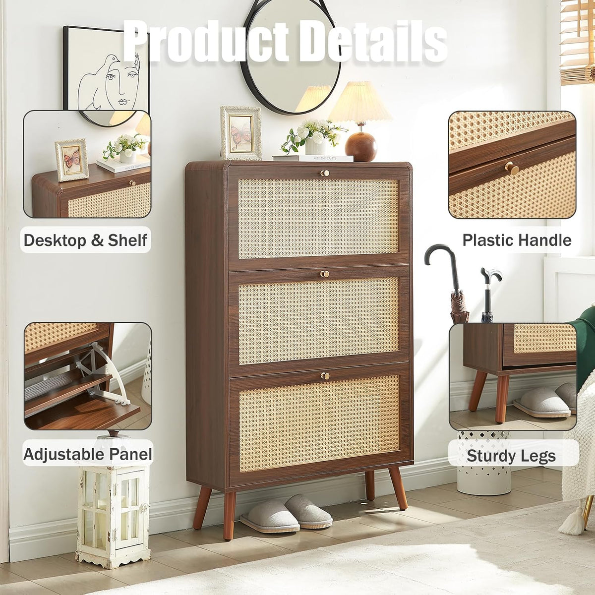 Rattan Shoe Cabinet with 3 Flip Drawers, Walnut Slim Shoe Storage