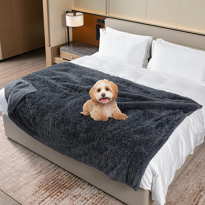 Waterproof Gray Pet Blanket for Dogs 65X57in Fluffy Long Faux Fur Pets Throw Blankets for Large Dog Cat Puppy Couch Cover Love Bed Protector Mat Washable(Grey,L)