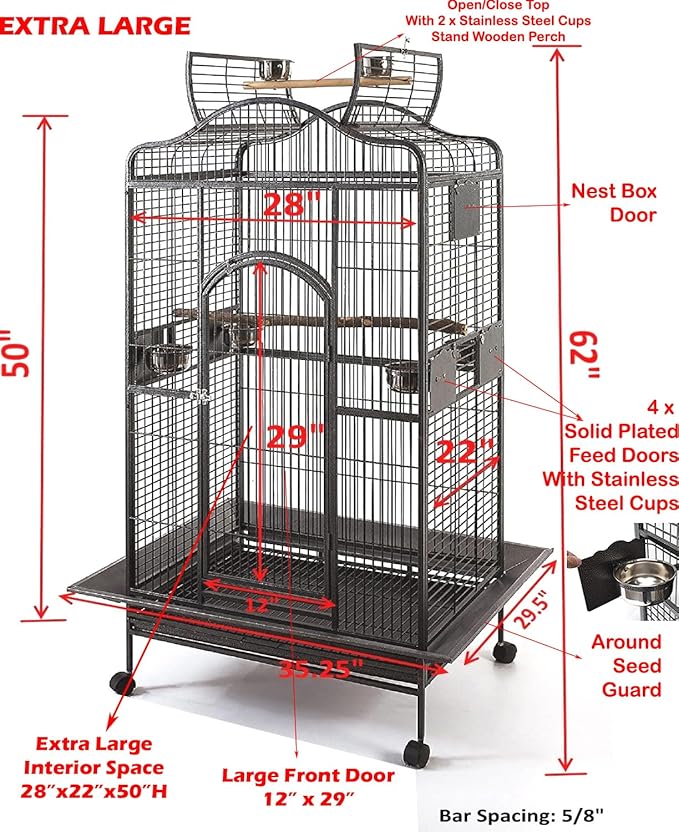 Extra Large Wrought Iron Open/Close Play Top Bird Parrot Cage, Include Metal Seed Guard Solid Metal Feeder Nest Doors Overall Dimensions: 35.25" Wx29.5 Lx62 H(with Seed Skirt)