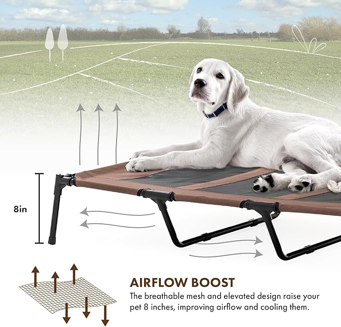 GrandTies Cooling Elevated Dog Bed with Canopy – XL Portable Pet Cot for Outdoor & Indoor Use – Waterproof Removable Shade, Breathable Mesh, Slip-Resistant Feet, Easy Assembly – Coca Mocha