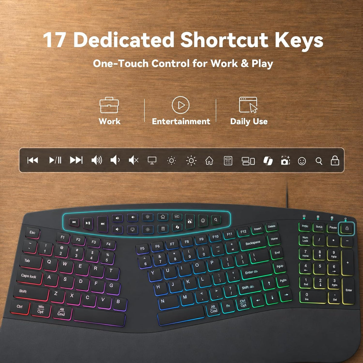 Wired Ergonomic Split Keyboard with RGB Backlight & Numpad, Black