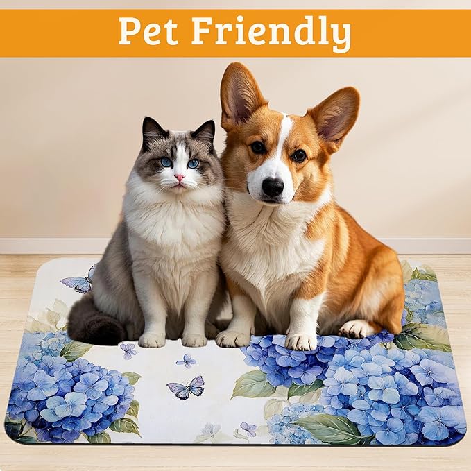 Pet Feeding Mat,Blue Hydrangea Absorbent Dog Cat Food Mat Butterfly Floral Dog Mat with Rubber Backing,Non-Slip Water Bowl Placemat,Pet Supplies 12" x 20"