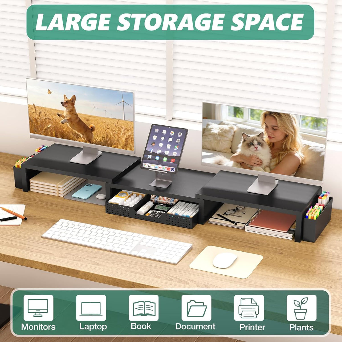 OPNICE Desk Organizer and Accessories, Computer Monitor Stand Riser with Drawer and 2 Pen Holders, Laptop Stand, Office Desk Accessories for Office Supplies, Black