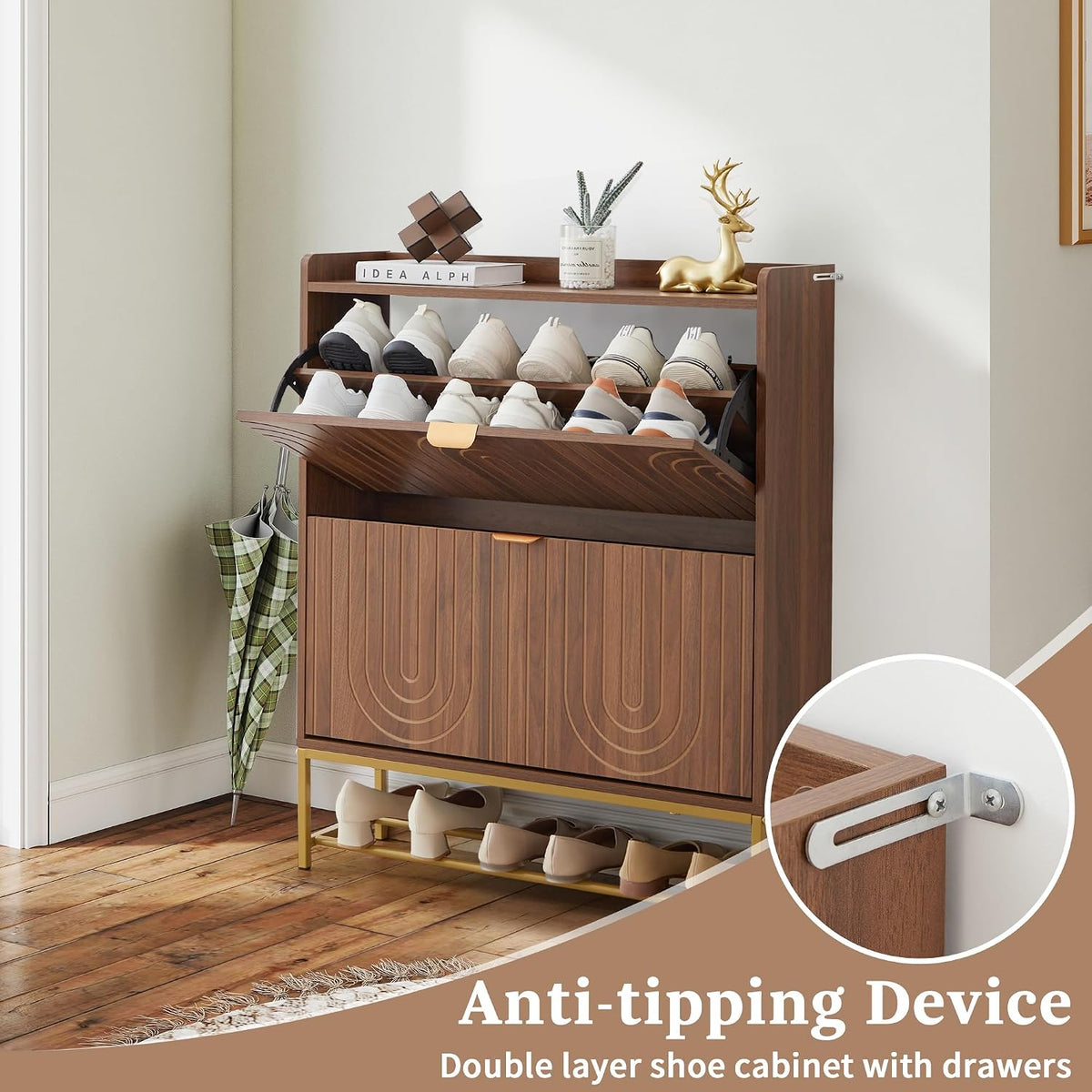 LEVNARY Narrow Shoe Storage Cabinet with 2 Flip Drawers, Wooden Freestanding Hidden Shoes Rack Organizer for Entryway, Mid-Century Modern Shoe Cabinet with Carving Lines for Hallway Foyer (1, Walnut)