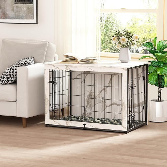 Megidok Wooden Dog Crate Furniture with Cushion,Large Dog Crate End Table with Tray, Double Doors Kennels Indoor (37" L*25" W*26" H, Marble White)