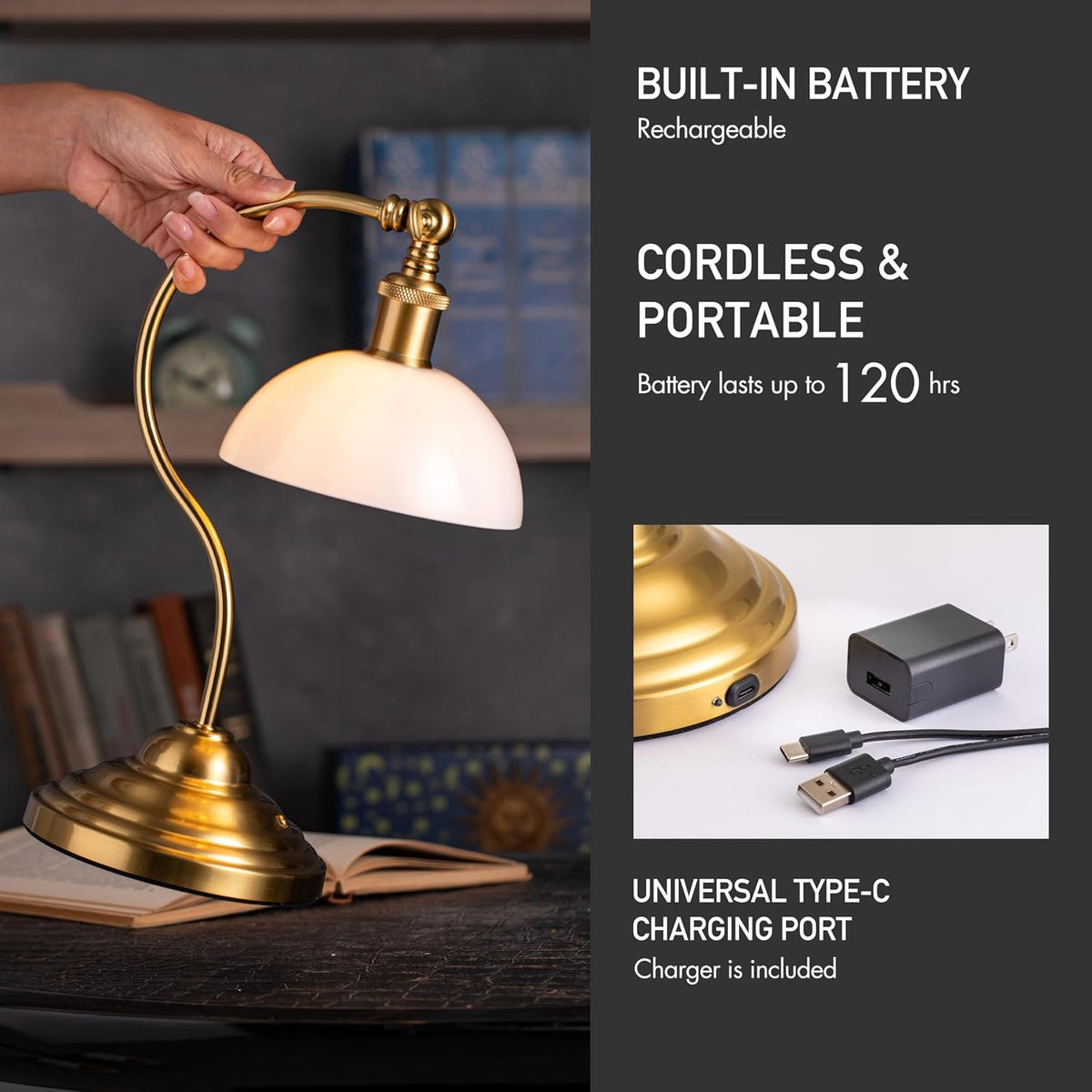 O'Bright Bankers - Cordless LED Table Lamp, Battery-Operated, Rechargeable, 3-Level Dimming, Universal USB-C Charging, 180° Swivel Head, White Jade Glass Shade, Antique Brass