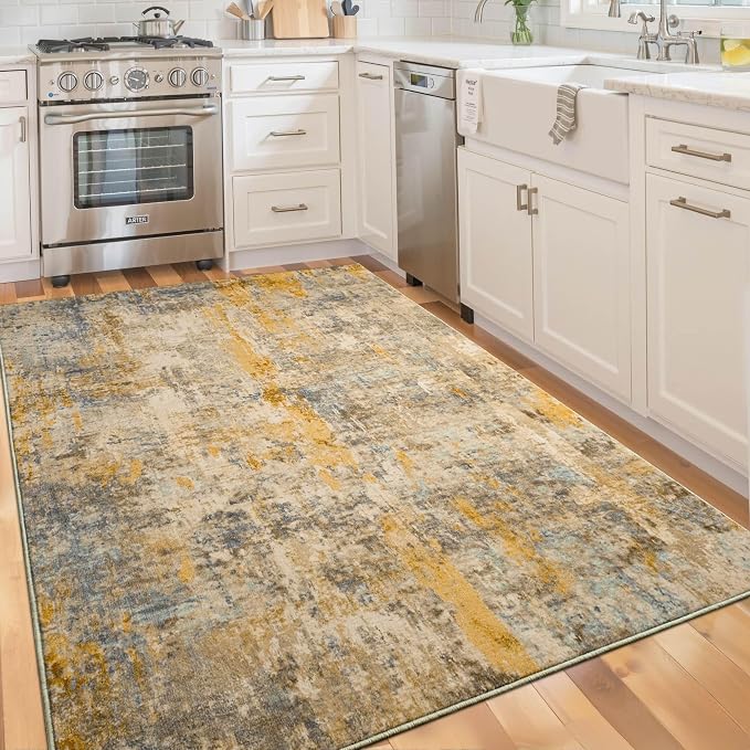 Area Rug 4x6 Beige Rug Washable Boho Rugs Non Slip Low Pile Abstract Small