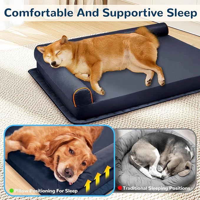 Dog Bed XL Indestructible Waterproof Big Dog Couch Orthopedic with Anti-Slip Mat, Memory Foam Pet Bed Washable (Blue)