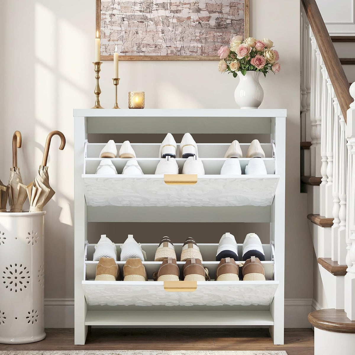 weselon Shoe Cabinet with Flip Drawers, Narrow Shoe Storage Cabinet, 2-Tier Hidden Shoe Organizer with Floral Embossed for Entryway, Mid-Century Modern Slim Shoes Storage for Hallway Foyer (1, White)