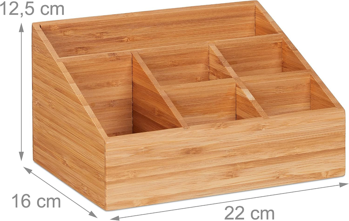 Relaxdays Desk Organiser, 6 Compartments for Pens, Notes, Letters, Paperclips and More, Bamboo Stand, Natural