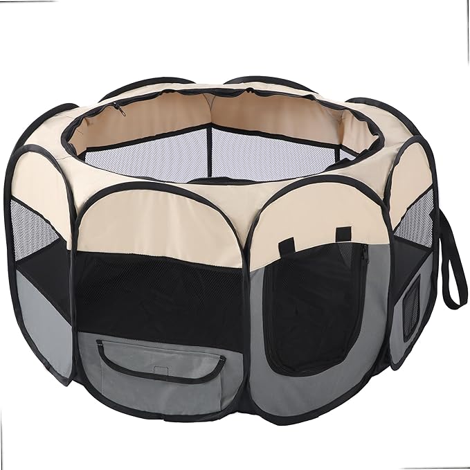 Pet Cat Playpen for Indoor Cats,Puppy Small Dog Cat Tent Crates Cage,Portable Pet Dog Playpen,29x29x16,Grey/Beige,1Pack
