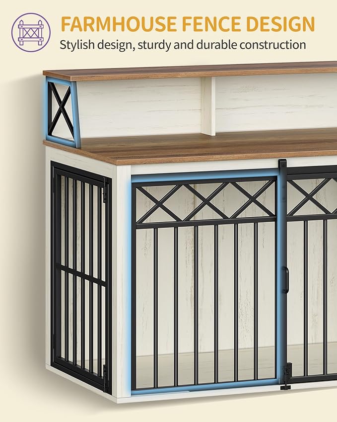 39.4'' Dog Crate Furniture, Large Wooden Dog Crate with Storage and 3 Doors, Indoor Kennel for Medium/Large Dogs, End Table with Barn Door, Chew-Proof and Escape-Proof, White Brown DFC87414B