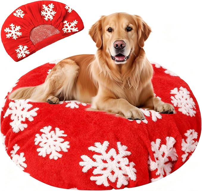 Oudain Dog Bed Cover 30 x 30 x 10 Red Snowflakes Waterproof Round Dog Bed Cover Replacement Washable for Round Dogs Beds Valentine's Day Christmas Winter Decor Scratch Resistant Mattress Protector