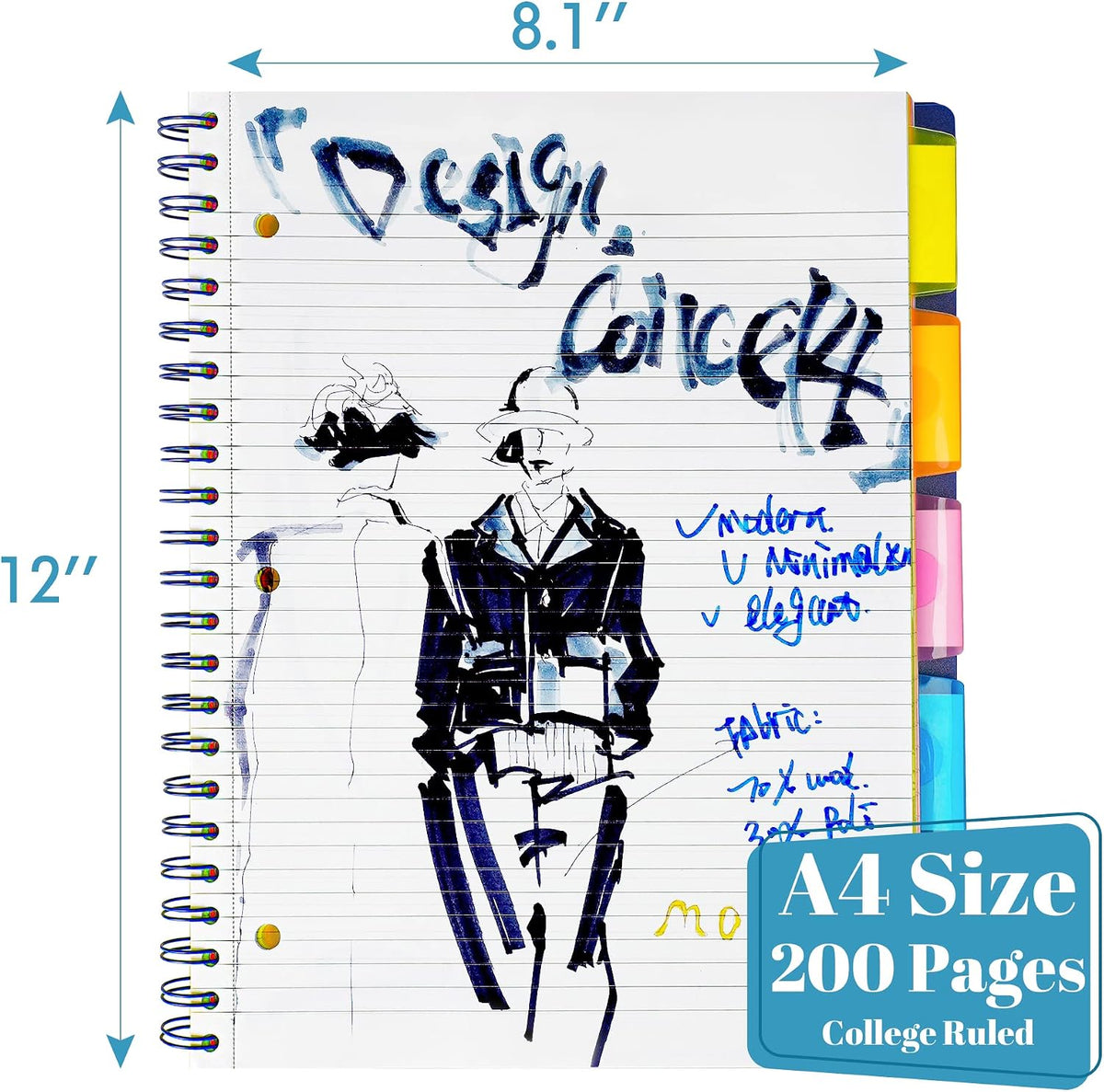 5 Subject Notebook, 3 Pack College Ruled Notebook with Storage Divider Pockets, Index Tabs, 11" Ruler, 200 Pages, for School, Business, Office Supplies, 8.1''x11.7''（Black Red Blue