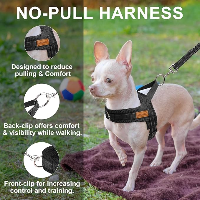 BEAUTYZOO Dog Harness for Small Dogs, No Pull Dog Harness and Leash Set, Soft Escape Proof Puppy Vest Harness with Handle, Reflective Lightweight Step in Harness for Girl Boy Dogs, Black XS