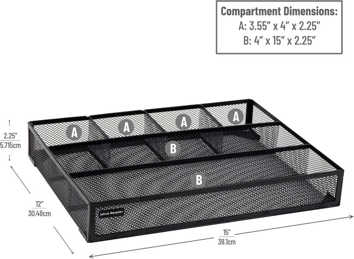 Mind Reader 6-Compartment Drawer Organizer, Metal Mesh Desk Organizer for Office, Kitchen, Utensils, Supplies, Set of 2, Black