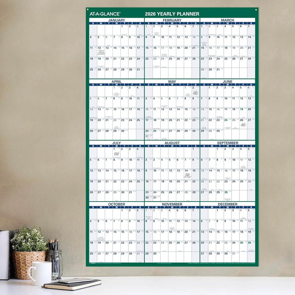 AT-A-GLANCE 2026 Erasable Calendar, Dry Erase Wall Planner, 32" x 48", Extra Large, Vertical, Reversible (PM3102826)