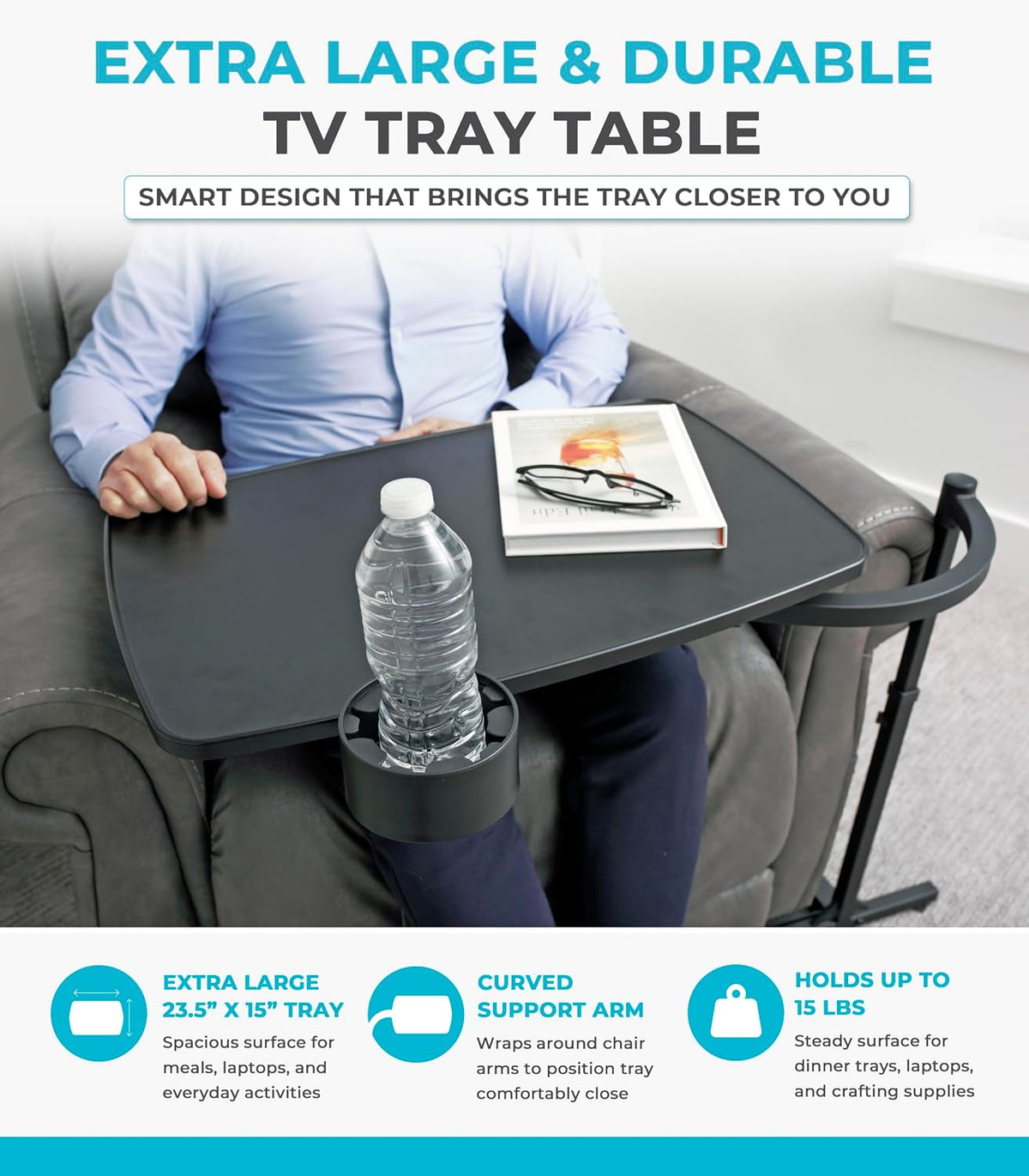 Stander Wonder Tray, Adjustable Swivel Table, Extra-Large Computer Stand, Couch Desk & Gaming Bench, TV-Trays for Eating on Couches, Chairs, Recliners with Laptop Wedges and Cup Holder, XL, Black