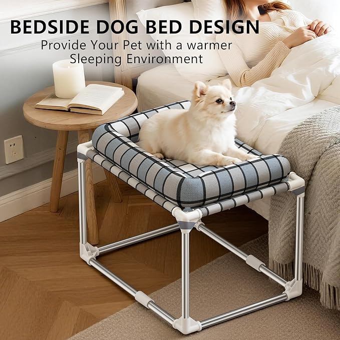 Bedside Cosleeper Dog Cat Bed - Height Elevated Dog Bed with Bloster Extension Attached to Human Bed Dog Cat Window Perch Bedside Lounge Elevated Dog Bed with Pillow (26 x 20 x 20 Inch)