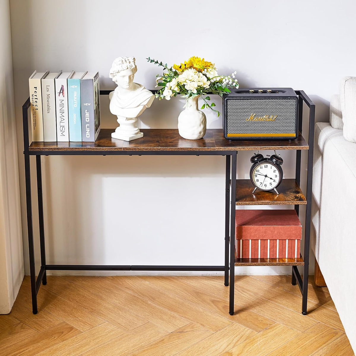 IBUYKE Desk Shelf,Computer Desktop Bookcase,37.8 Inch Multipurpose Wood Desk Hutch Bookshelf for Computer,4 Tier Desk Organizer for Office Home Dormitory,Brown TMZ005H