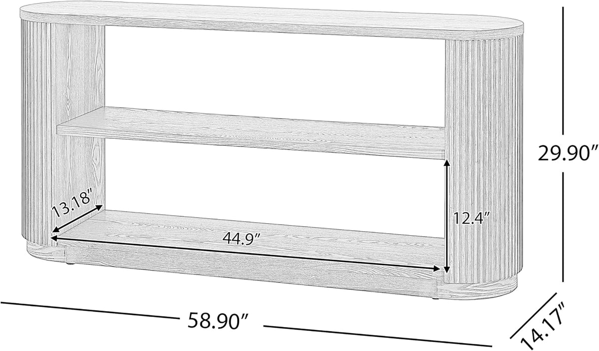 Modern Curved Console Table for Entryway, Farmhouse Solid Wood Fluted Sofa Table with Open Shelf & Elegant Wood Grain, Oval Long Foyer Table for Entry Way Hallway Living Room-58.9" Brown