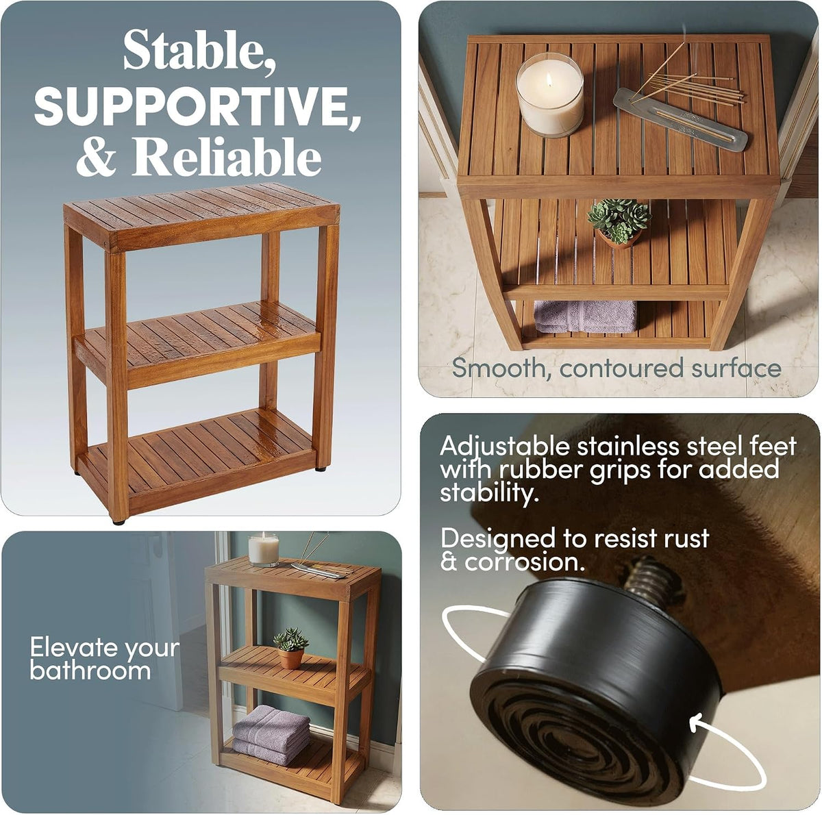 AquaTeak 12" Original Sula Rectangle Teak Bathroom Stand - Shower Stand with 3 Tier Shelf - Durable Water Resistant Shower Organizer - Space-Saving Storage Shelves with Anti-Slip Feet