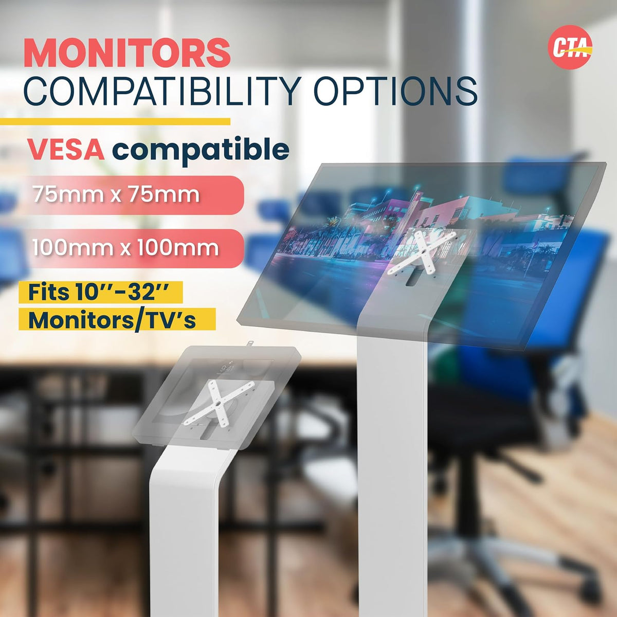 Floor Stand Kiosk - CTA Heavy-Duty VESA Compatible Floor Stand with Interior Cable Routing System and Scratch Resistant Padding on Weighted Base with Kitting Capabilities (ADD-PARAFSW) – White