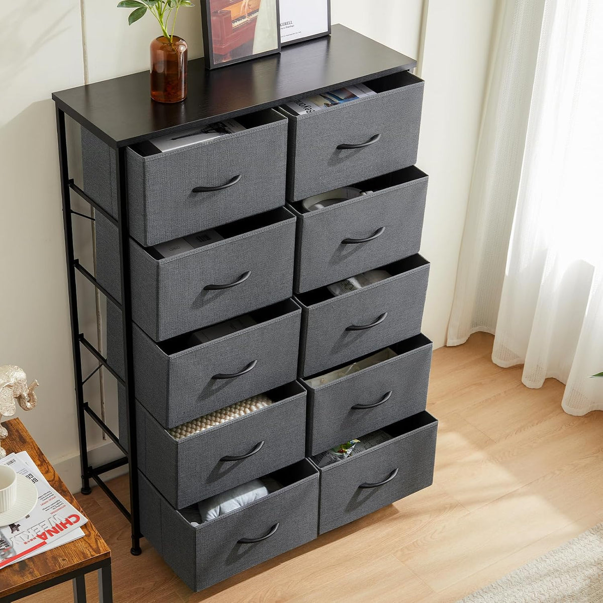DUMOS 10 Drawer Tall Dresser for Bedroom & Living Room, Grey