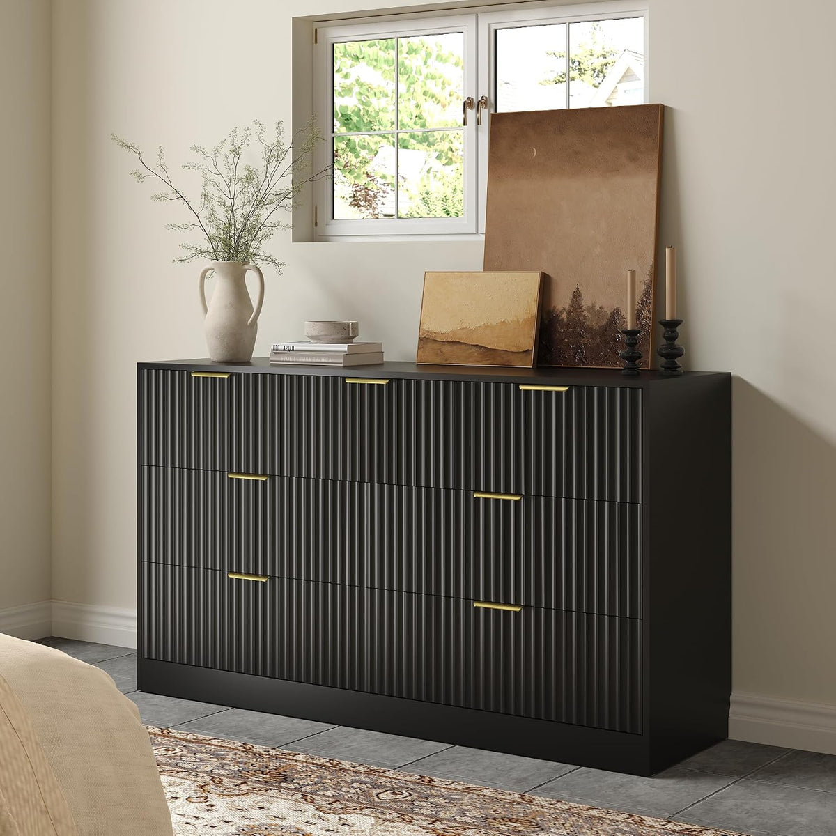 Black 7 Drawer Dresser for Bedroom, 55" Wide Fluted Chest of Drawers with Gold Metal Handles, Modern Wood Dresser Closet Storage Organizer Mid Century TV Stand for Living Room Hallway