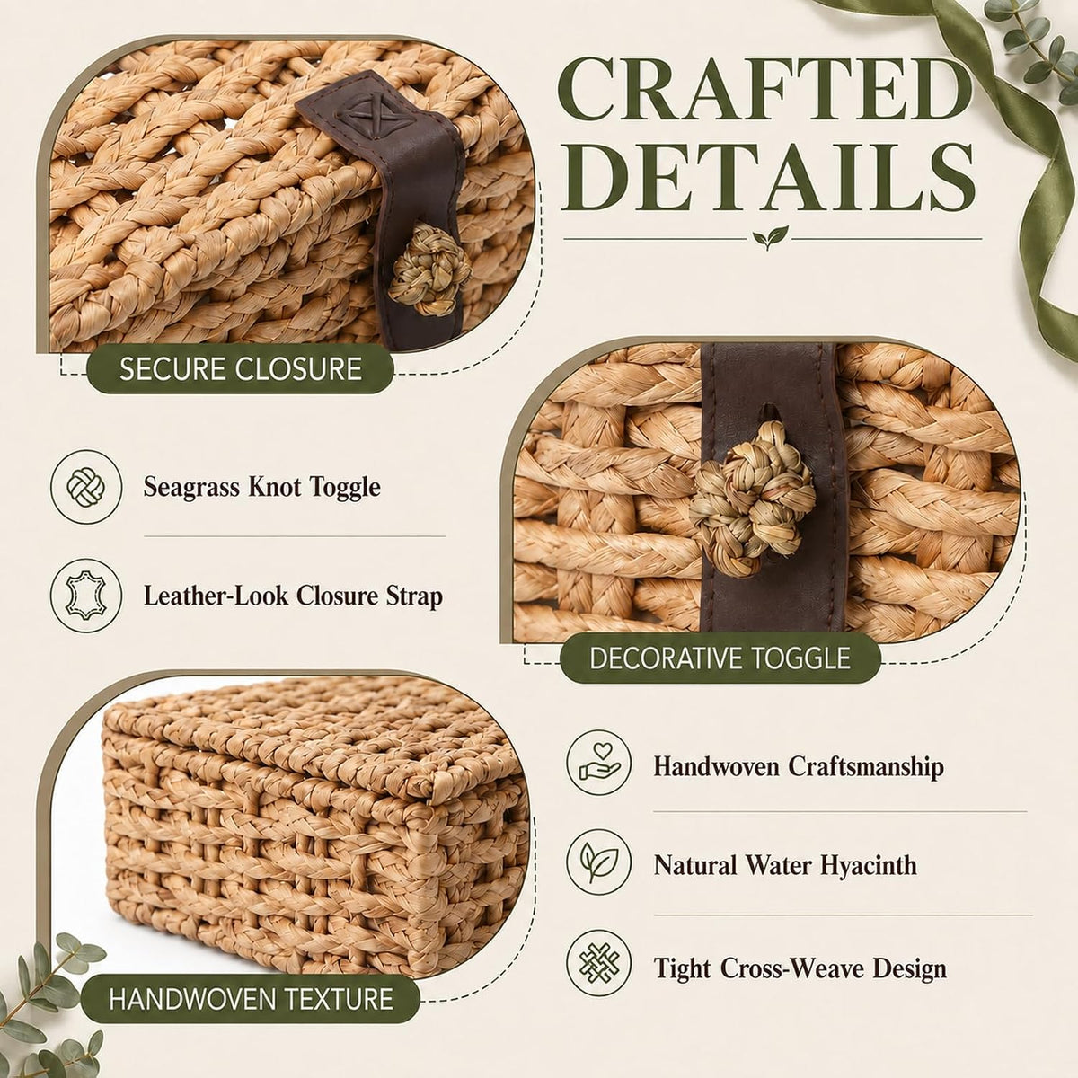2Pcs Decorative Box, Wicker Basket with Lid, Water Hyacinth Basket for Home