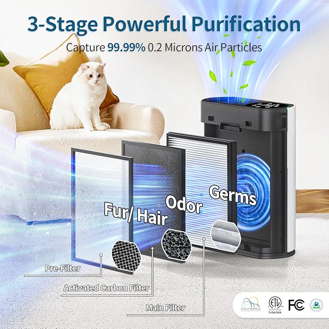 Air Purifier for Large Room, Cleans 2,400 ft² in 30 Mins, 3-Stage True HEPA, 360° Airflow, Large Touch Display Control, Real-Time Air Quality (PM2.5) Display, Ultra-Quiet 20dB Sleep Mode