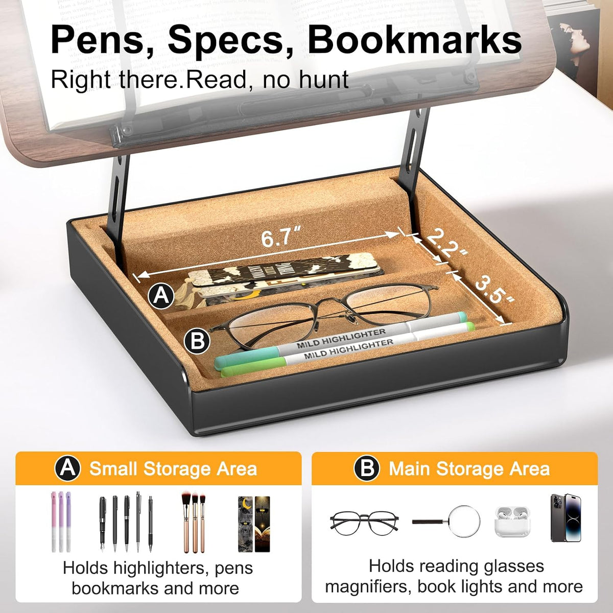 Book Stand with Storage, Book Holder for Reading Hands Free