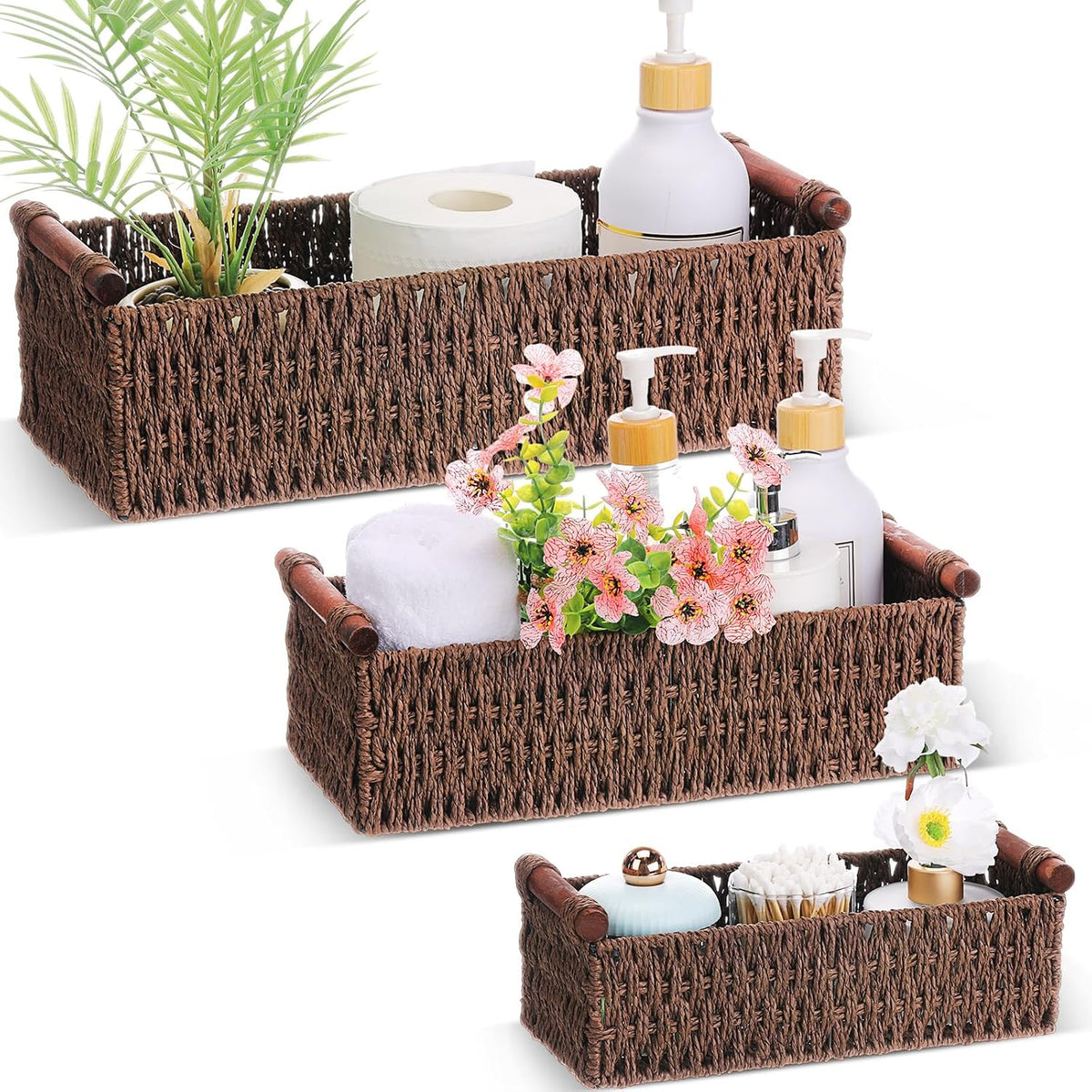 Boao 3 Pcs Boho Storage Wicker Baskets Handmade Woven Decorative Paper Rope Baskets for Organizing with Handle Countertop Toilet Paper Storage Container for Toilet Tank Top(Brown,Rectangle)