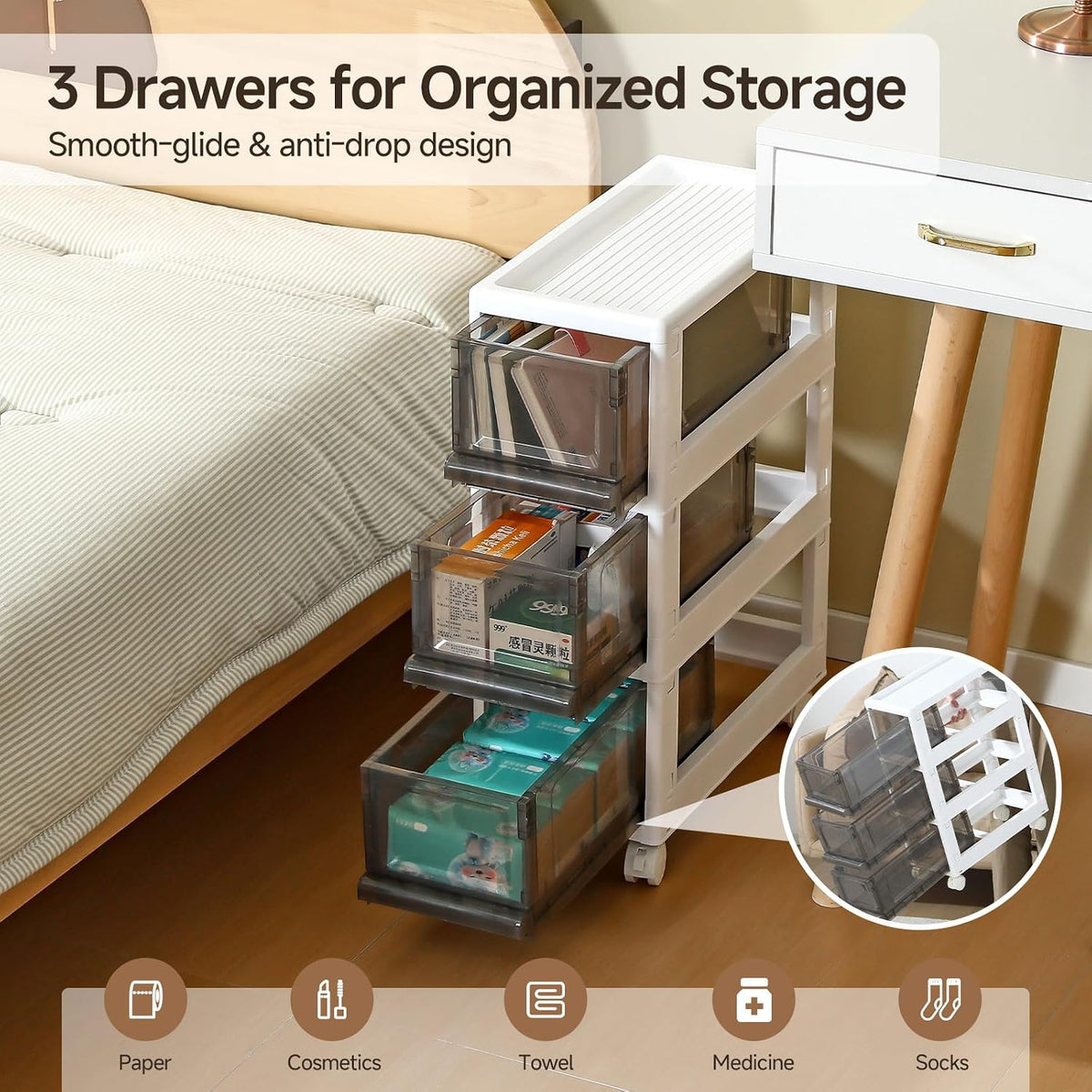 Plastic 3 Drawer Storage Organizer, Narrow Plastic Storage Drawers with Wheels, Storage Cart with Drawers for Small and Narrow Space, 7.87-inch Wide (gray)