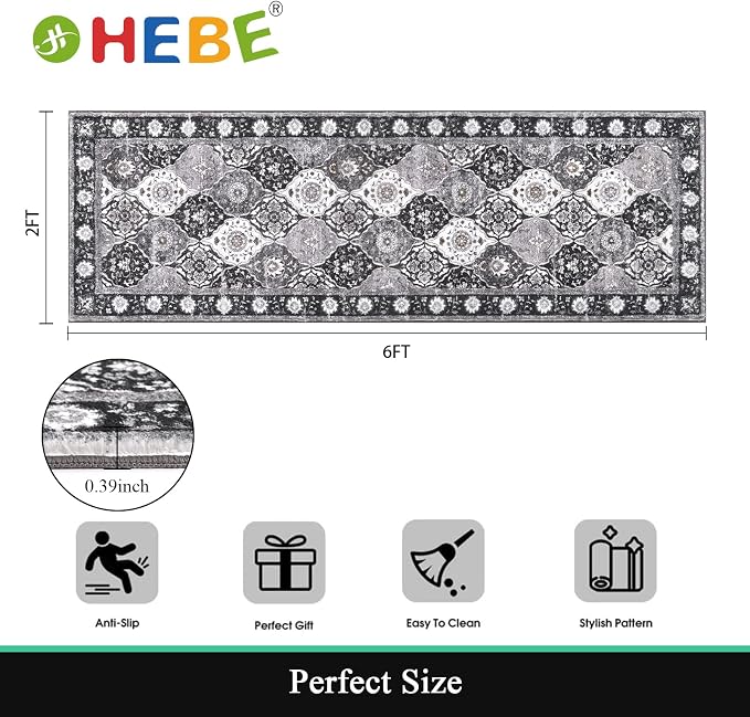 HEBE Hallway Runner Rug 2'x6' Washable Vintage Distressed Area Rugs Non Slip