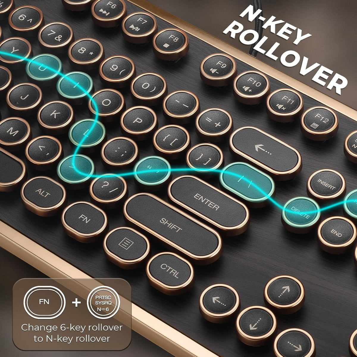 GLENCREAG RK104 Retro Mechanical Keyboard, Wired 104 Keys Typewriter Style with Wood Grain, QMK/VIA Programmable, Green Linear Switches, N-Key Rollover, for Mac & Windows