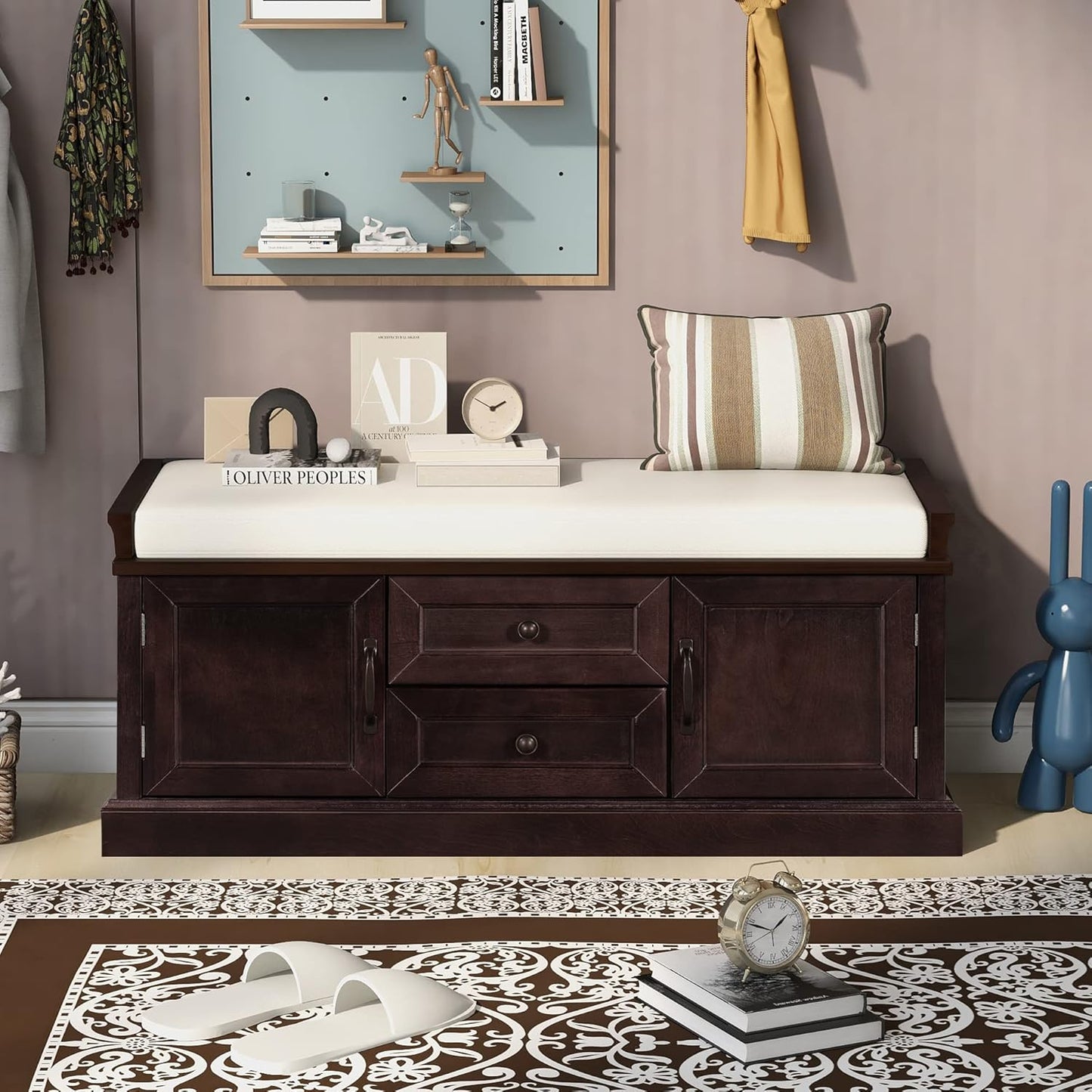 Storage Bench with 2 Drawers and 2 Cabinets, Pine Wood Pine Wood Shoe Bench with Removable Cushion for Living Room, Entryway 42.5" L x 15.9" W x 17.5" H (Espresso)