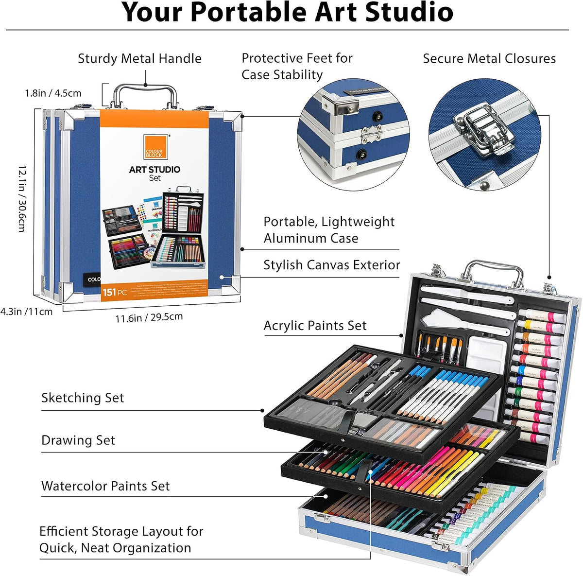 COLOUR BLOCK 151-Piece Professional Art Supply Set with Mixed Media, Paint Kit & Brushes in Aluminum Case, Complete Art Supplies for Adults, All Level Artists, Travel Art Set