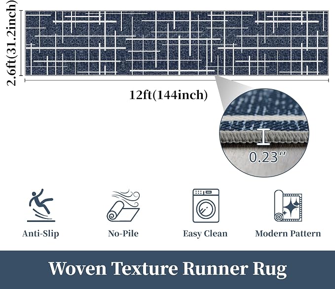 Non Slip Hallway Runner Rug 2.6x12, Modern Distressed Stripe, Washable Extra