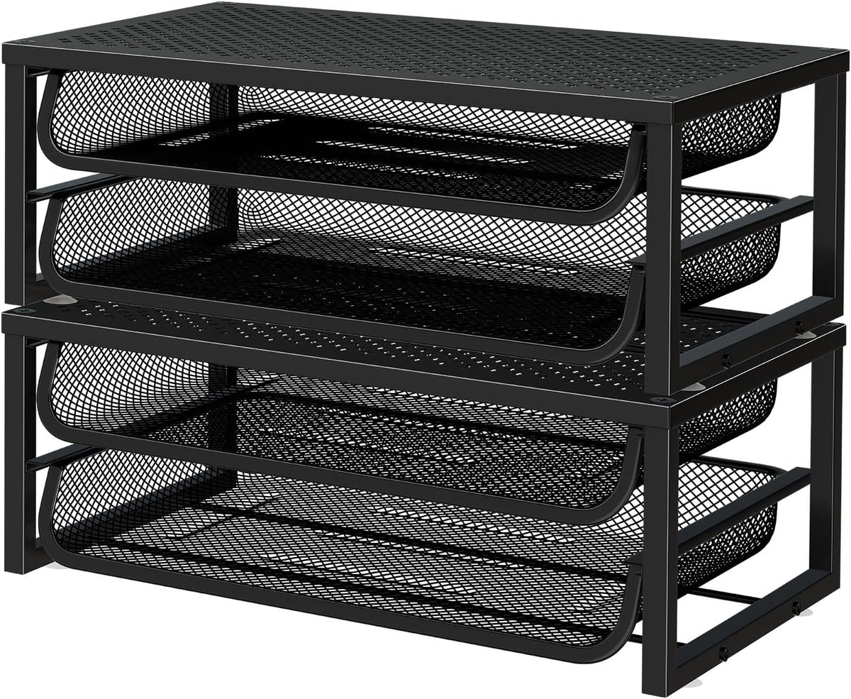 Ekisemio 2-Pack 2-Tier Monitor Stand Riser with Drawer, Metal Computer Desk Organizer for Home Office, Black