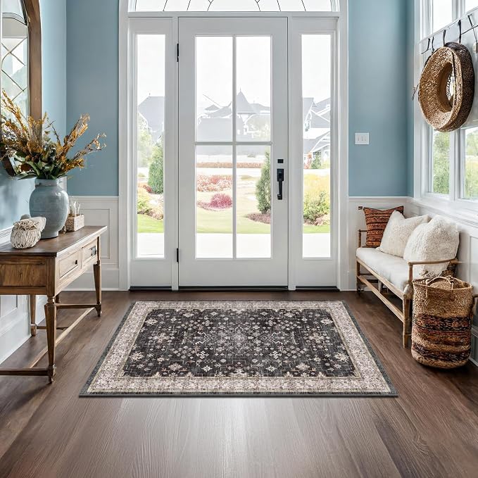 Black Boho Washable Entry Rug, 3x4 Rugs