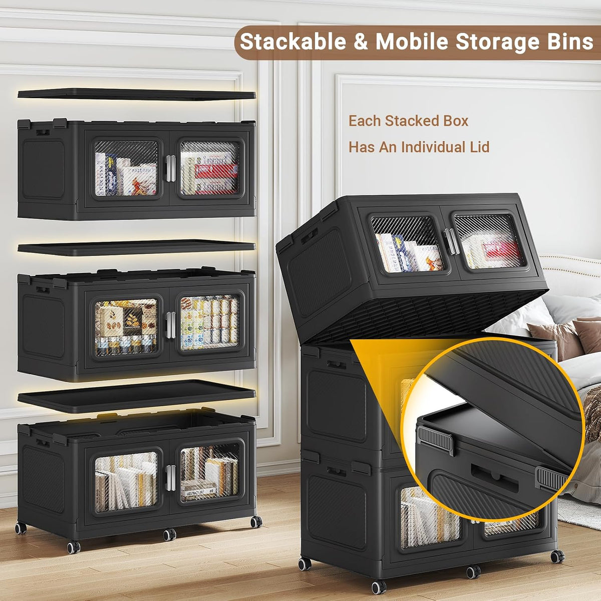 BROVIEW 300 Qt/75 Gal Stackable Storage Bins with Lids, 1 Pack, Black