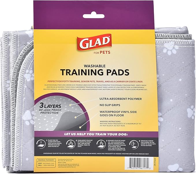 GLAD for Pets Washable Training Pads, Medium Size (24”x36”), 2 Pack Gray with Paw Prints| Re-usable Cloth Dog Training Pads with 3 Layers of Leak Protection and No Slip Grip Vinyl Bottom
