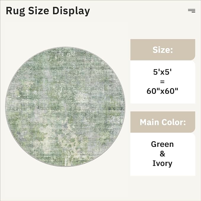 Soalmost 5x5 Green/Ivory Round Rug 5ft Living Room Circle Rug Vintage Round