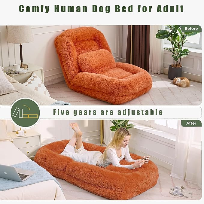 Adjustable 5-Position Human Dog Bed for People, Big Comfy Plush Floor Gaming Lazy Sofa Chair with Pillows & Back Support, Foldable Lounge Loveseat Couch for Living Room Bedroom (Orange)