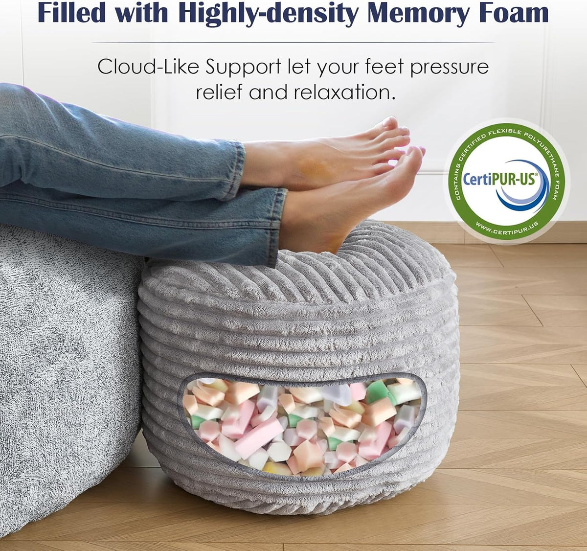 SHOUREN Stuffed Round Ottoman,Pouf Ottoman Foot Rest,20 X 15,Light Grey